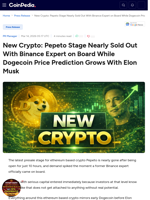 New Crypto: Pepeto Stage Nearly Sold Out With Binance Expert
on Board While Dogecoin Price Prediction Grows With Elon
Musk