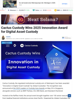 Cactus Custody Wins 2025 Innovation Award for Digital Asset Custody