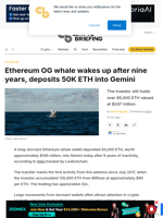 Ethereum OG whale wakes up after nine years, deposits 50K ETH into Gemini