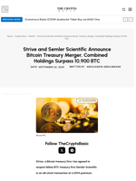 Strive and Semler Scientific Announce Bitcoin Treasury Merger, Combined Holdings Surpass 10,900 BTC