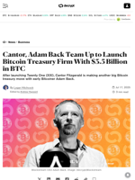 Cantor, Adam Back Team Up to Launch Bitcoin Treasury Firm With $3.5 Billion in BTC - Decrypt