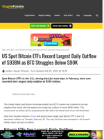 US Spot Bitcoin ETFs Record Largest Daily Outflow of $938M as BTC Struggles Below $90K
