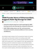 TRON Founder Warns of Ethereum Risks, Multi-Sig for USDT