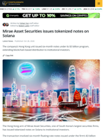 Mirae Asset Securities issues tokenized notes on Solana