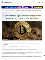 Crypto market update: Bitcoin dips below $106k, ETH, XRP, SOL risk key levels - CoinJournal