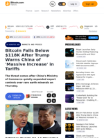Bitcoin Falls Below $118K After Trump Warns China of 'Massive Increase' in Tariffs – Markets and Prices Bitcoin News