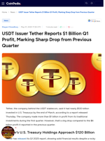 USDT Issuer Tether Reports $1 Billion Q1 Profit, Marking Sharp Drop from Previous Quarter