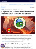 3 Dogecoin and Shiba Inu Alternatives Under $0.10 That Could Turn $250 into $25,000
