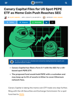Canary Capital Files for US Spot PEPE ETF as Meme Coin Push Reaches SEC