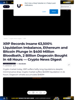 XRP Records Insane 63,500% Liquidation Imbalance, Ethereum and Bitcoin Plunge in $400 Million Bloodbath, 2 Billion Dogecoin Bought in 48 Hours — Crypto News Digest - U.Today