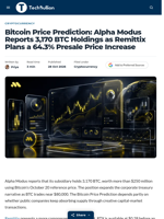 Bitcoin Price Prediction: Alpha Modus Reports 3,170 BTC Holdings as Remittix Plans a 64.3% Presale Price Increase - TechBullion