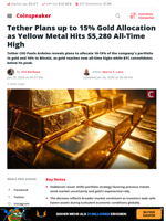Tether Plans up to 15% Gold Allocation as Yellow Metal Hits $5,280 All-Time High - Coinspeaker