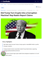 Did Trump Turn Crypto Into a Corruption Machine? Rep. Raskin Report Claims