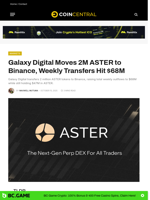 Galaxy Digital Moves 2M ASTER to Binance, Weekly Transfers Hit $68M - CoinCentral