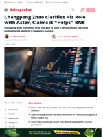 Changpeng Zhao Clarifies His Role with Aster, Claims it “Helps” BNB - Coinspeaker