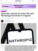 Anthropic submits AI safety bill with $1B damage threshold to Congress - Coinfea