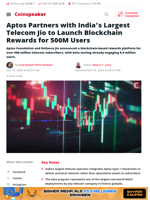 Aptos Partners with India's Largest Telecom Jio to Launch Blockchain Rewards for 500M Users - Coinspeaker