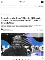 'Long Live the King': Bitcoin Billionaire Arthur Hayes Predicts the BTC 4-Year Cycle Is Over - Decrypt
