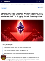 Ethereum price Crashes While Supply Quietly Vanishes: Is ETH Supply Shock Brewing Now?