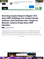 Morning Crypto Report: Ripple CTO Says XRP Holdings Are Undervalued, Andrew Tate Declares He's 'Huge on Bitcoin,' Solana Drops Rare XRP Mention - U.Today