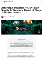 Aster DEX Transfers 4% Token Supply to Treasury Pre Airdrop