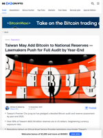 Taiwan May Add Bitcoin to National Reserves — Lawmakers Push for Full Audit by Year-End - BeInCrypto
