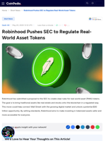 Robinhood Pushes SEC to Regulate Real-World Asset Tokens