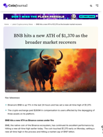 BNB hits a new ATH of $1,370 as the broader market recovers