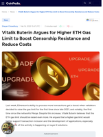 Vitalik Buterin Argues for Higher ETH Gas Limit to Boost Censorship Resistance and Reduce Costs