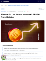 Binance To List Swarm Network’s TRUTH From October 