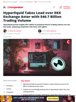 Hyperliquid Takes Lead over DEX Exchange Aster with $40.7 Billion Trading Volume - Coinspeaker
