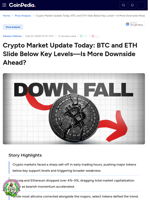 Crypto Market Update Today: BTC and ETH Slide Below Key Levels—Is More Downside Ahead?