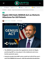 Ripple CEO Hails GENIUS Act as Historic Milestone for US Fintech