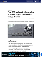 Thai SEC and central bank plan to launch crypto sandbox for foreign tourists
