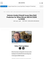 Veteran Analyst Brandt Issues New Bold Prediction for When Bitcoin Will Hit $120K to $150K