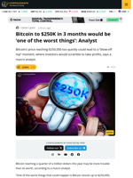 Bitcoin Reaching $250K This Year May Not Be A Good Sign: Analyst