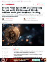 Solana Price Eyes $215 Volatility Stop Target amid $1B Wrapped Bitcoin Inflows and Cyber Hornet ETF Filing - Coinspeaker