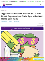 Crypto Rebounds to $4T as Wall Street Pepe Plans Airdrop