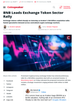 BNB Leads Exchange Token Sector Rally - Coinspeaker