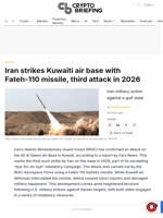 Iran strikes Kuwaiti air base with Fateh-110 missile, third attack in 2026