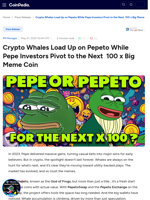 Crypto Whales Load Up on Pepeto While Pepe Investors Pivot to the Next  100 x Big Meme Coin