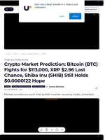 Crypto Market Prediction: Bitcoin (BTC) Fights for $113,000, XRP $2.96 Last Chance, Shiba Inu (SHIB) Still Holds $0.0000122 Hope - U.Today