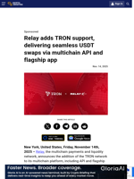 Relay adds TRON support, delivering seamless USDT swaps via multichain API and flagship app