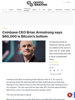 Coinbase CEO Brian Armstrong says $60,000 is Bitcoin's bottom
