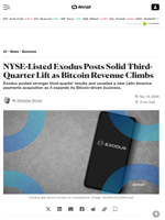 NYSE-Listed Exodus Posts Solid Third-Quarter Lift as Bitcoin Revenue Climbs - Decrypt