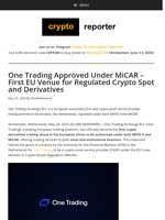 One Trading Approved Under MiCAR - First EU Venue for Regulated Crypto Spot and Derivatives