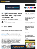 M2 Capital Announces $21 Million Investment in AVAX Digital Asset Treasury, AVAX One