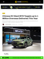 Chinese EV Giant BYD Targets up to 1 Million Overseas Deliveries This Year - CoinCentral
