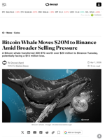 Bitcoin Whale Moves $20M to Binance Amid Broader Selling Pressure - Decrypt