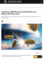 Coinbase XRP Reserves Fall 93.3% In a Week, All-Time Low! - DailyCoin